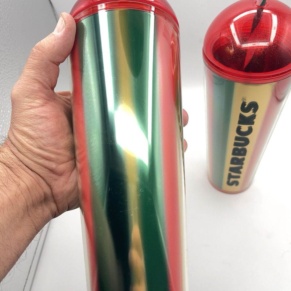 Starbucks 2024 Metallic Red, Green & Gold Stripe Cold Cup - Set Of 2 - Picture 6 of 16